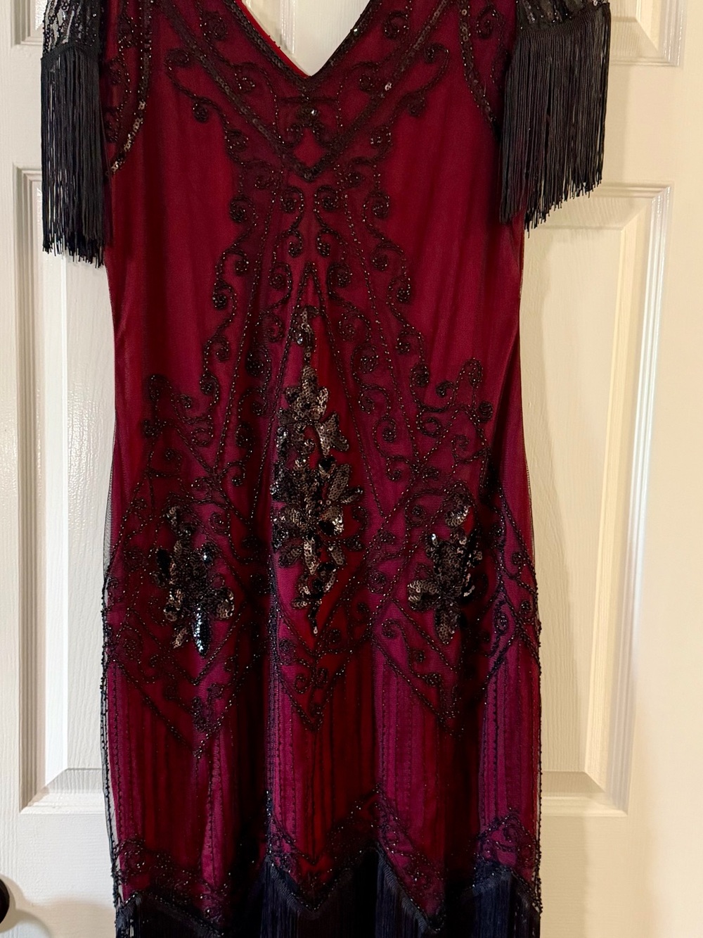 Vintage-Inspired Burgundy Beaded Fringe Dress